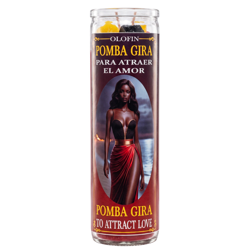 A tall glass jar candle with a printed label featuring a woman in a red skirt and Spanish text reading 'POMBA GIRA PARA ATRAEER EL AMOR' and 'POMBA GIRA TO ATTRACT LOVE.'.