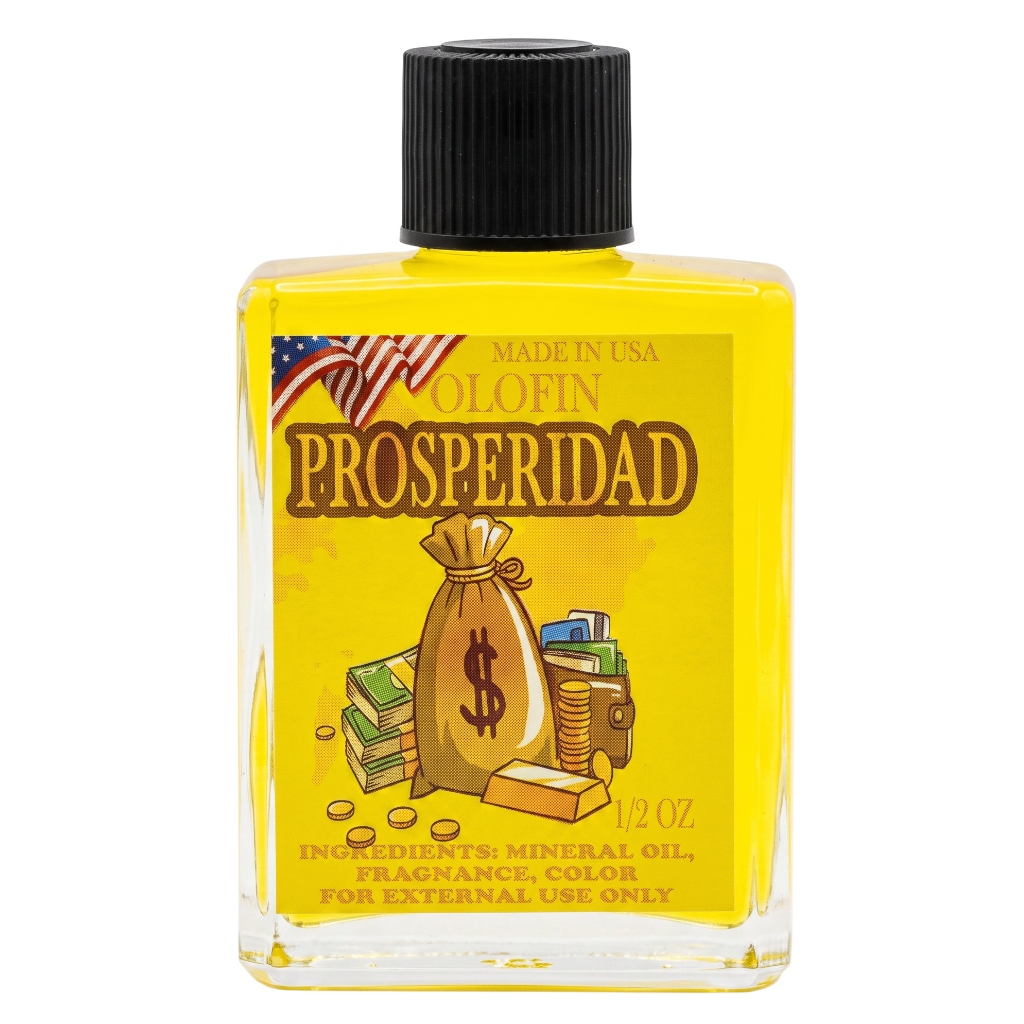 A 1/2 oz clear glass bottle of Olofin Prosperidad fragrance oil with a black ribbed cap, filled with bright yellow liquid. The front label features a cartoon money sack illustration and text indicating mineral oil, fragrance, and color.