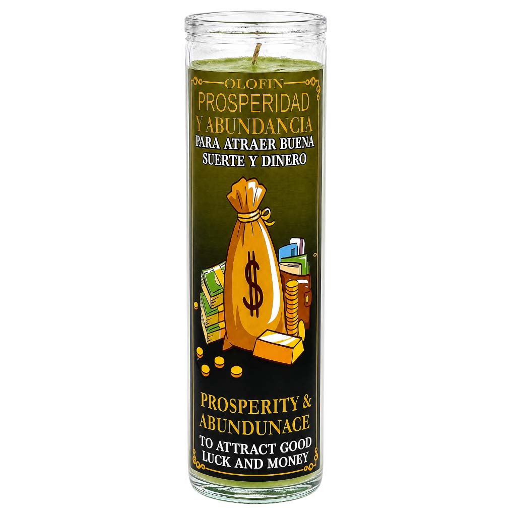 A tall glass jar candle with a green wax fill and a black label featuring a gold money bag, coins, and stacks of cash. The label has Spanish text reading 'PROSPERIDAD Y ABUNDANCIA PARA ATRAER BUENA SUERTE Y DINERO' and English text below reading 'PROSPERITY AND ABUNDANCE TO ATTRACT GOOD LUCK AND MONEY'.