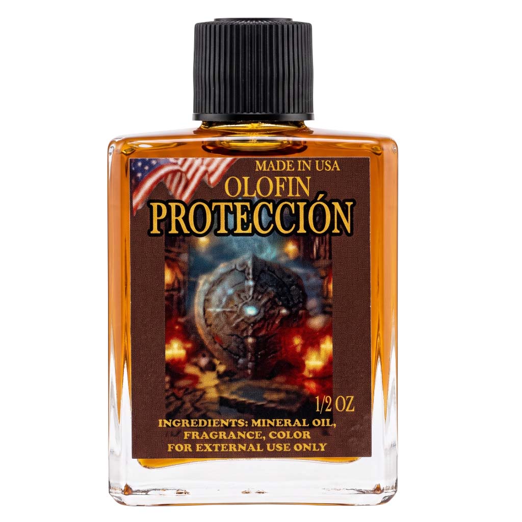 A 1.2 oz bottle of Olofin Protección mineral oil fragrance color for external use, featuring a black cap and a brown label with fiery graphic artwork.