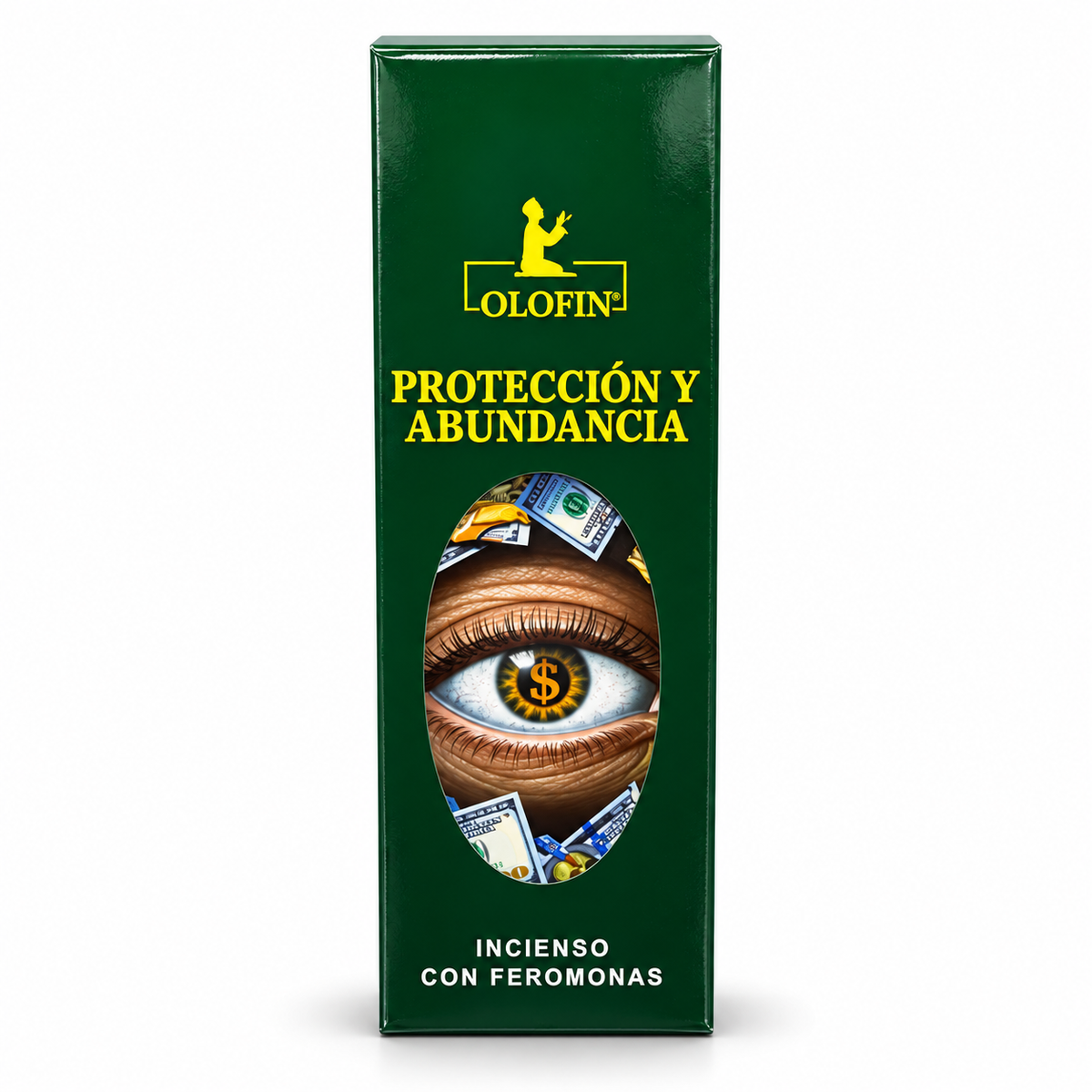 A tall rectangular green box for Olofin Protection and Abundance incense with feromonas, featuring yellow and white text and a central eye illustration with dollar bills.