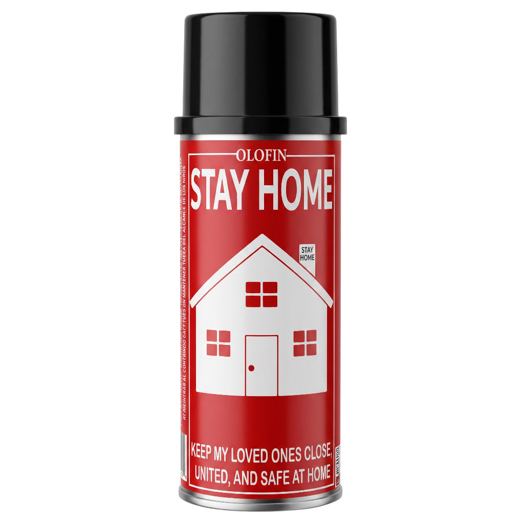 A can of Olofin Stay Home spray with a red label, white house graphic, and black cap on a plain white background.
