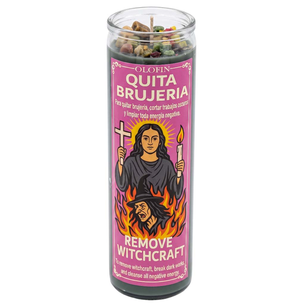 A tall glass jar candle labeled 'Olofin Quita Brujeria Remove Witchcraft' with a pink label featuring an illustration of a woman holding a cross and a candle above flames, on a white background.