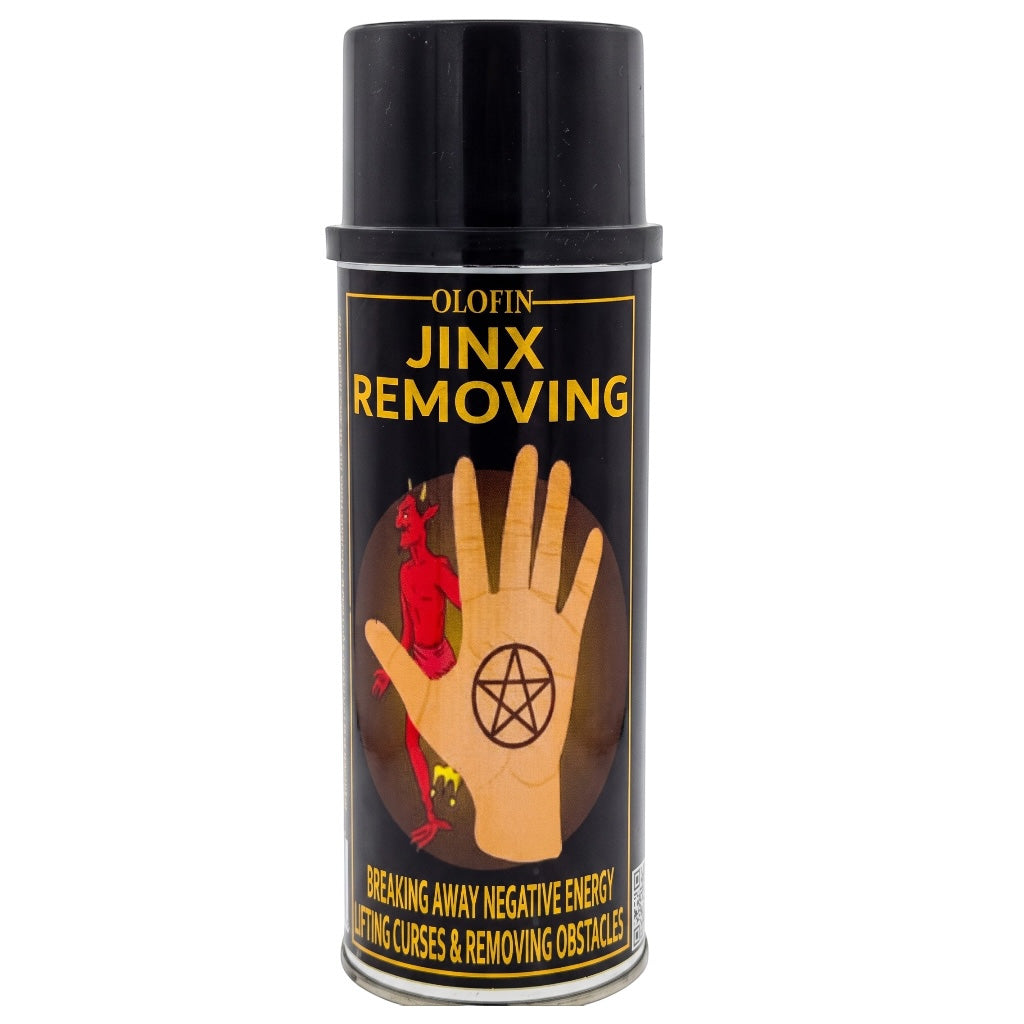 A black aerosol can of Olofin Jinx Removing spray, featuring a label with a tan hand graphic and yellow text on a white background.