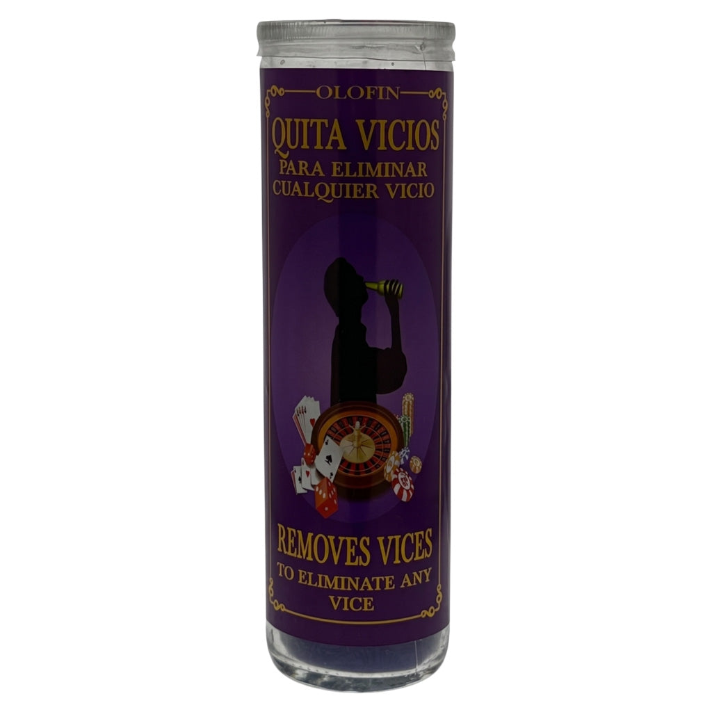 A tall glass prayer candle with a purple label featuring a black silhouette of a figure holding a syringe, gold text reading 'OLOFIN QUITA VICIOS PARA ELIMINAR CUALQUIER VICIO' and 'REMOTES VICES TO ELIMINATE ANY VICE', on a white background.