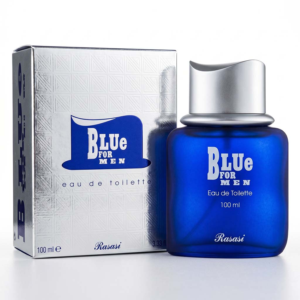 Blue perfume bottle and packaging for men with 'Rasasi' branding on a white background