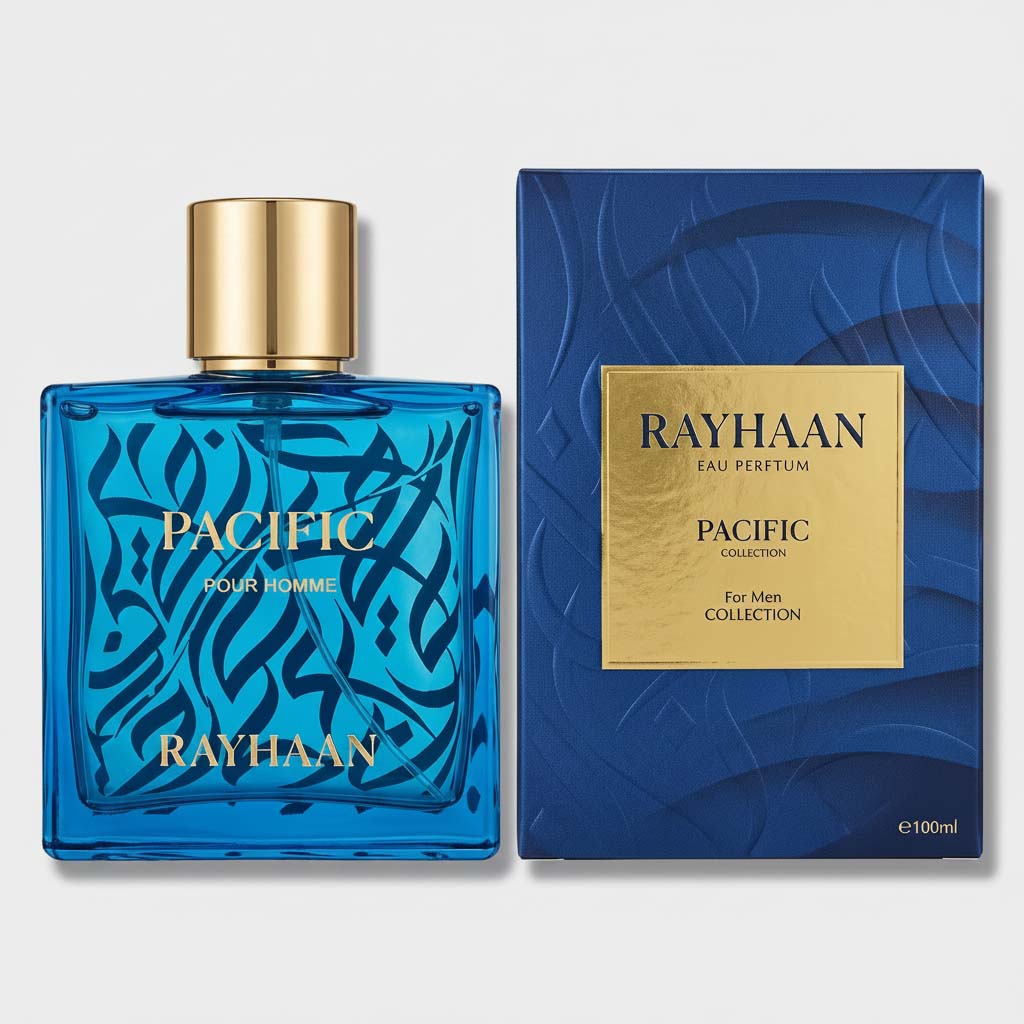 Rayhaan Pacific Pour Homme perfume bottle and packaging on a transparent background