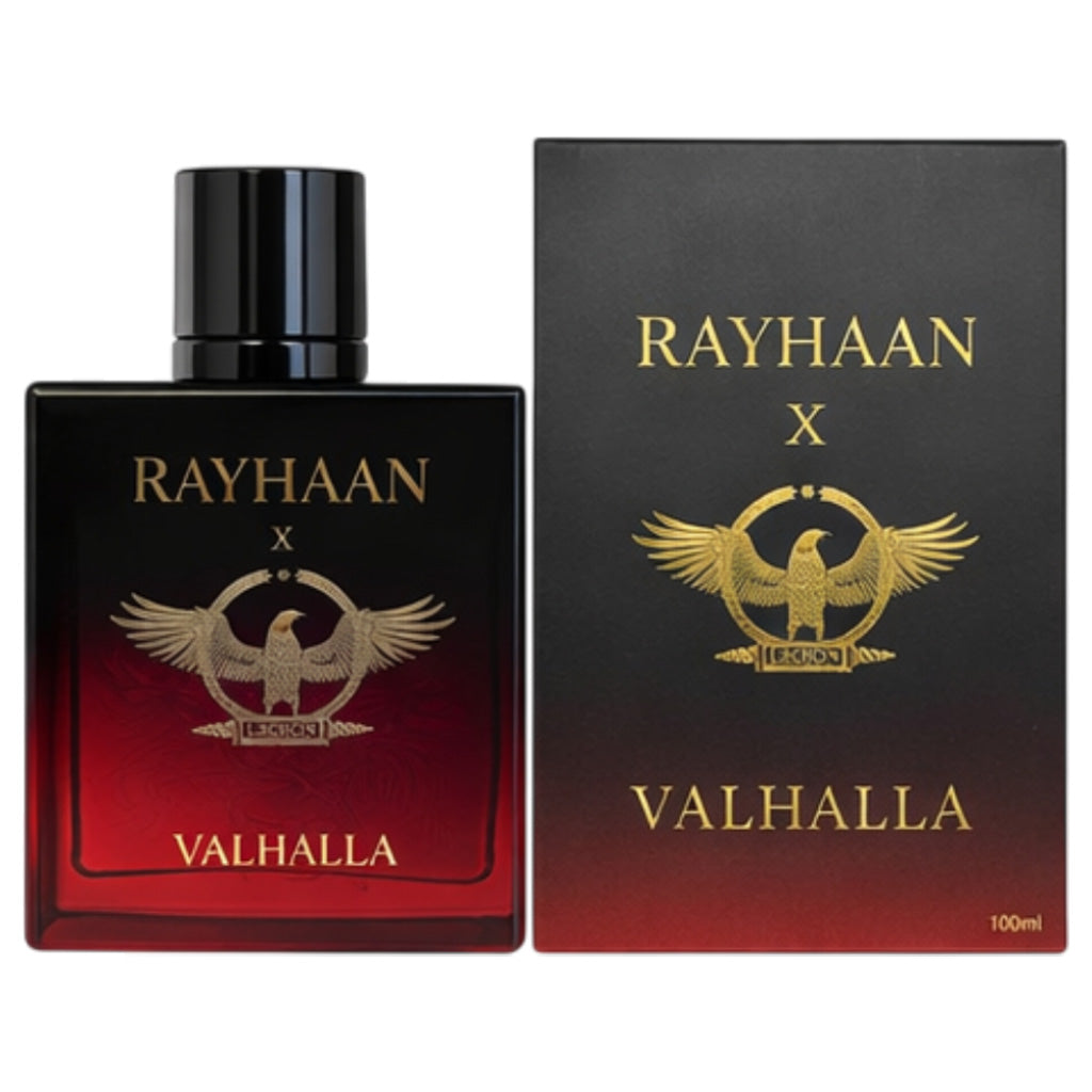 Rayhaan Valhalla perfume bottle and packaging on a white background