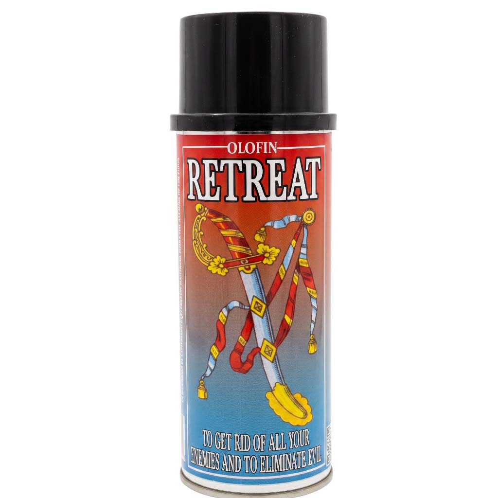 A can of Olofin Retreat spray with a black cap and a label featuring a red-to-blue gradient background, white text, and an illustration of a sword wrapped in red and yellow tape.