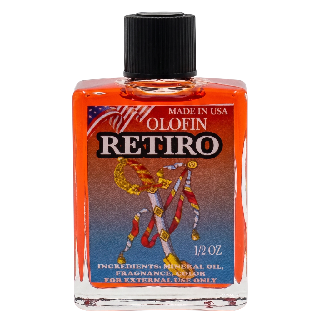 A 1/2 oz glass bottle of Olofin Retiro fragrance oil with a black ribbed cap, featuring a red, white, and blue label with a Native American figure illustration.