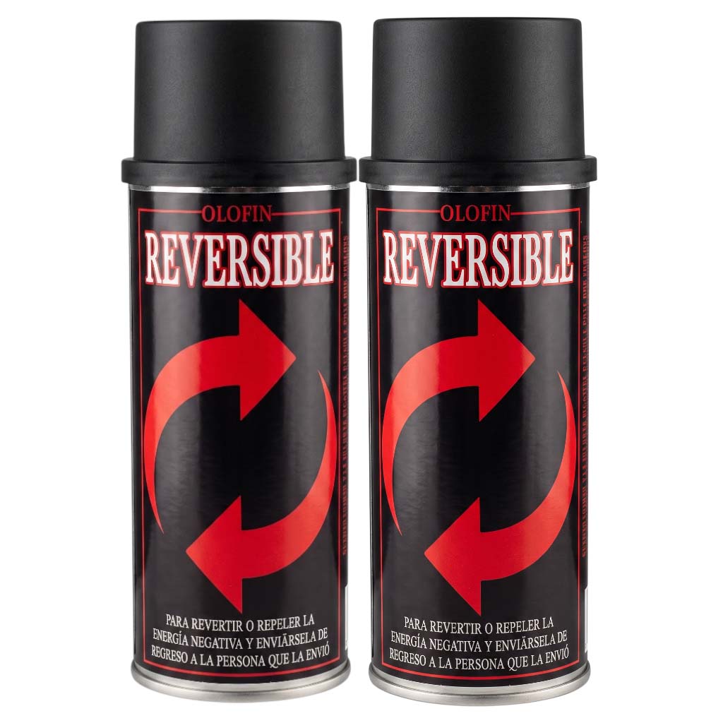 Two black Olofin Reversible spray cans with red circular arrows and white text, shown side by side on a white background.