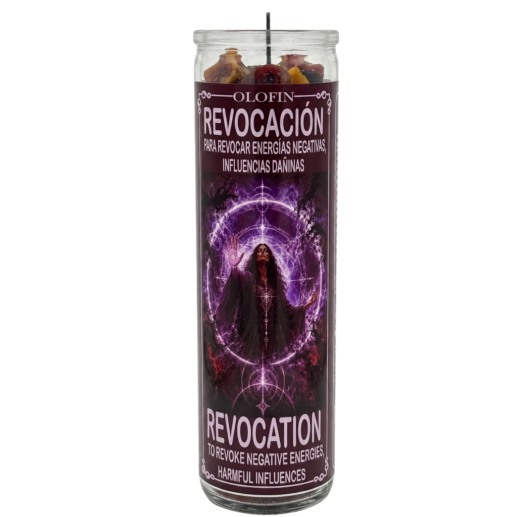 A tall glass prayer candle with a dark purple and black label featuring a witch-like figure and glowing purple magical symbols. The label reads 'OLOFIN REVOCACIÓN' and 'REVOCATION TO REVOLVE NEGATIVE ENERGIES, HARMFUL INFLUENCES.