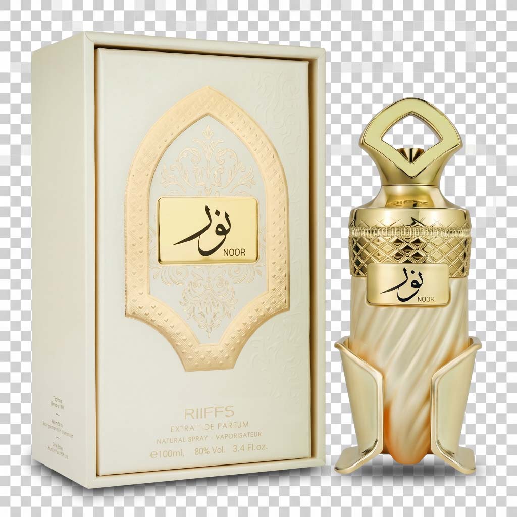 Gold perfume bottle and packaging with 'NOOR' branding on a transparent background