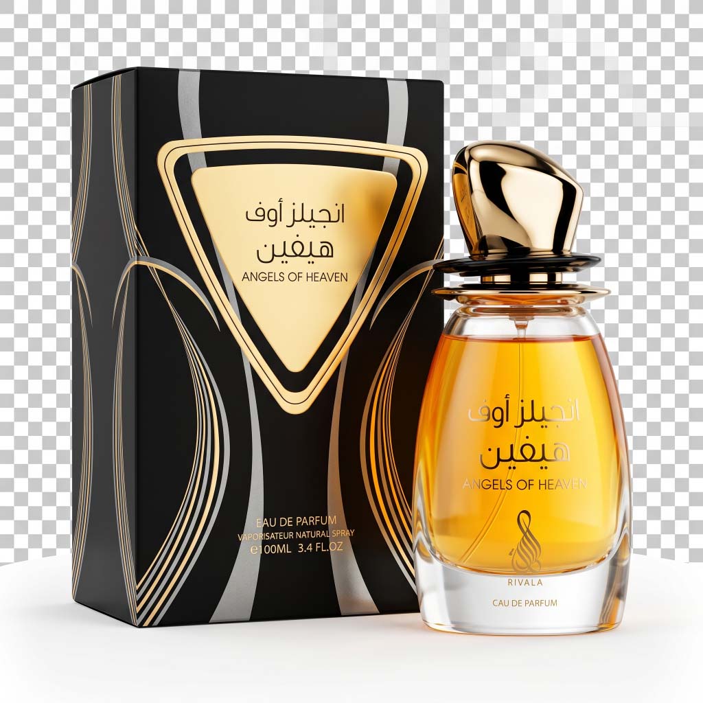 Perfume bottle and packaging of 'Angels of Heaven' on a transparent background