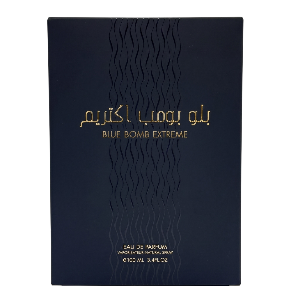 Blue Bomb Extreme Eau de Parfum packaging box in dark navy blue with gold lettering and wavy line patterns, shown on a plain white background.