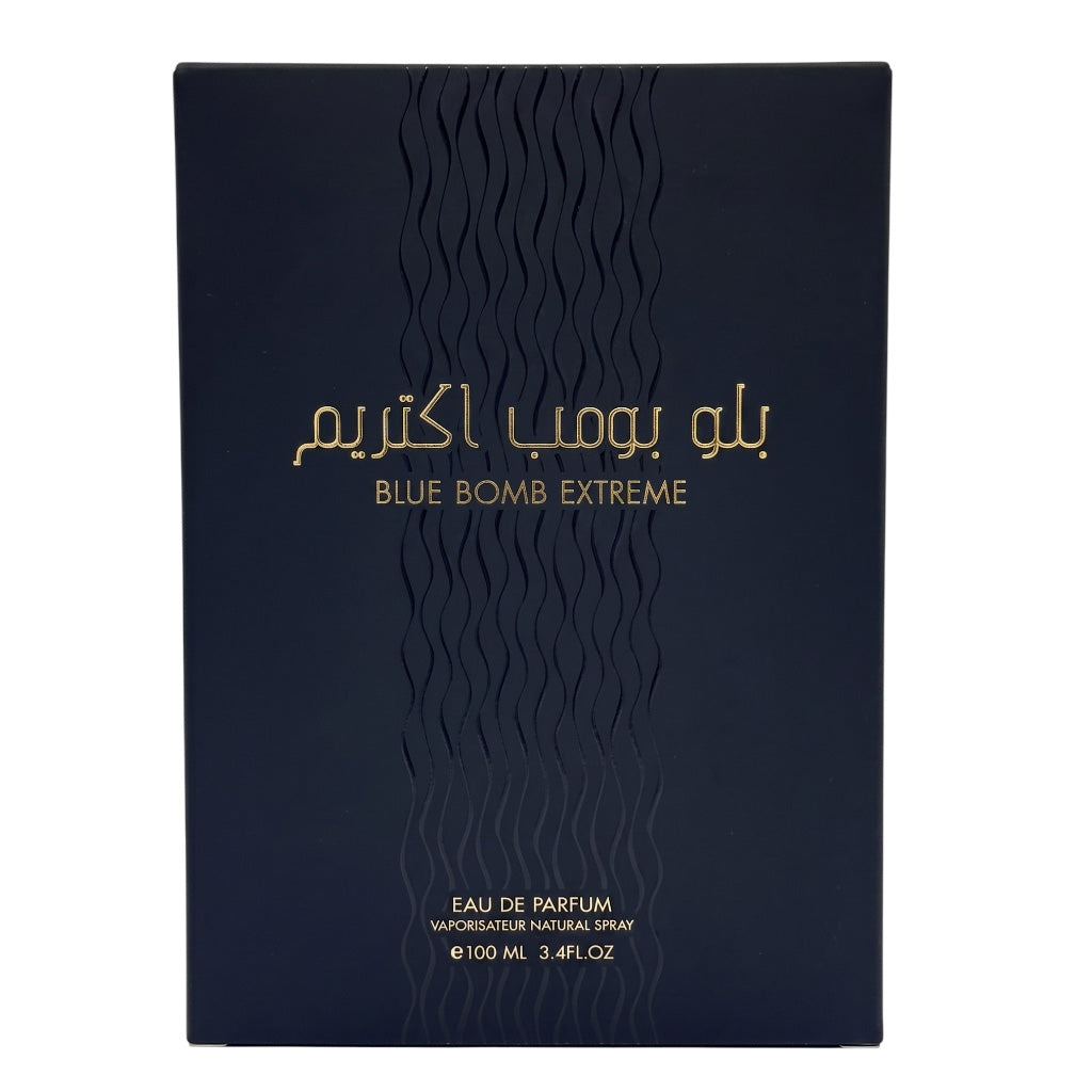 Blue Bomb Extreme Eau de Parfum packaging box in dark navy blue with gold lettering and wavy line patterns, shown on a plain white background.