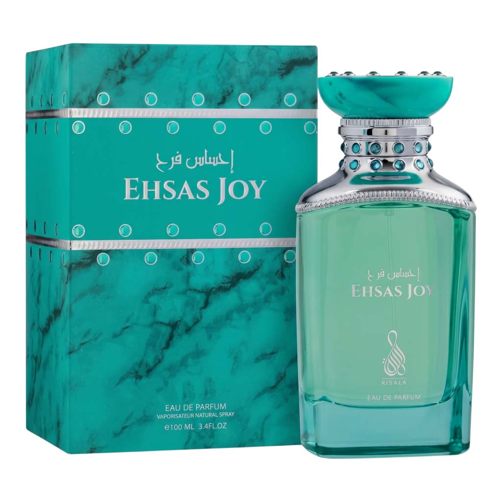Ehsas Joy perfume bottle and packaging on a white background
