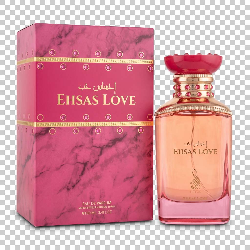 Ehsas Love perfume bottle and packaging on a transparent background