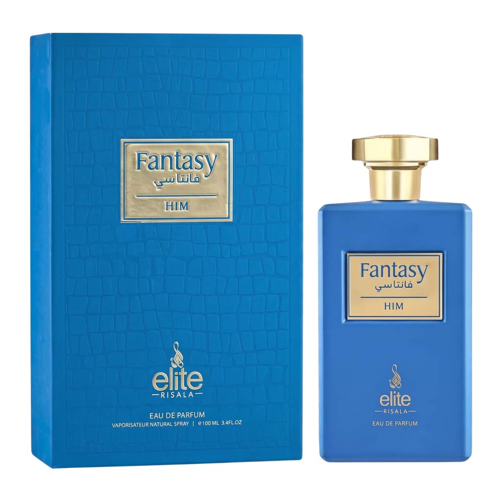 Blue perfume bottle and packaging with 'Fantasy' branding on a white background