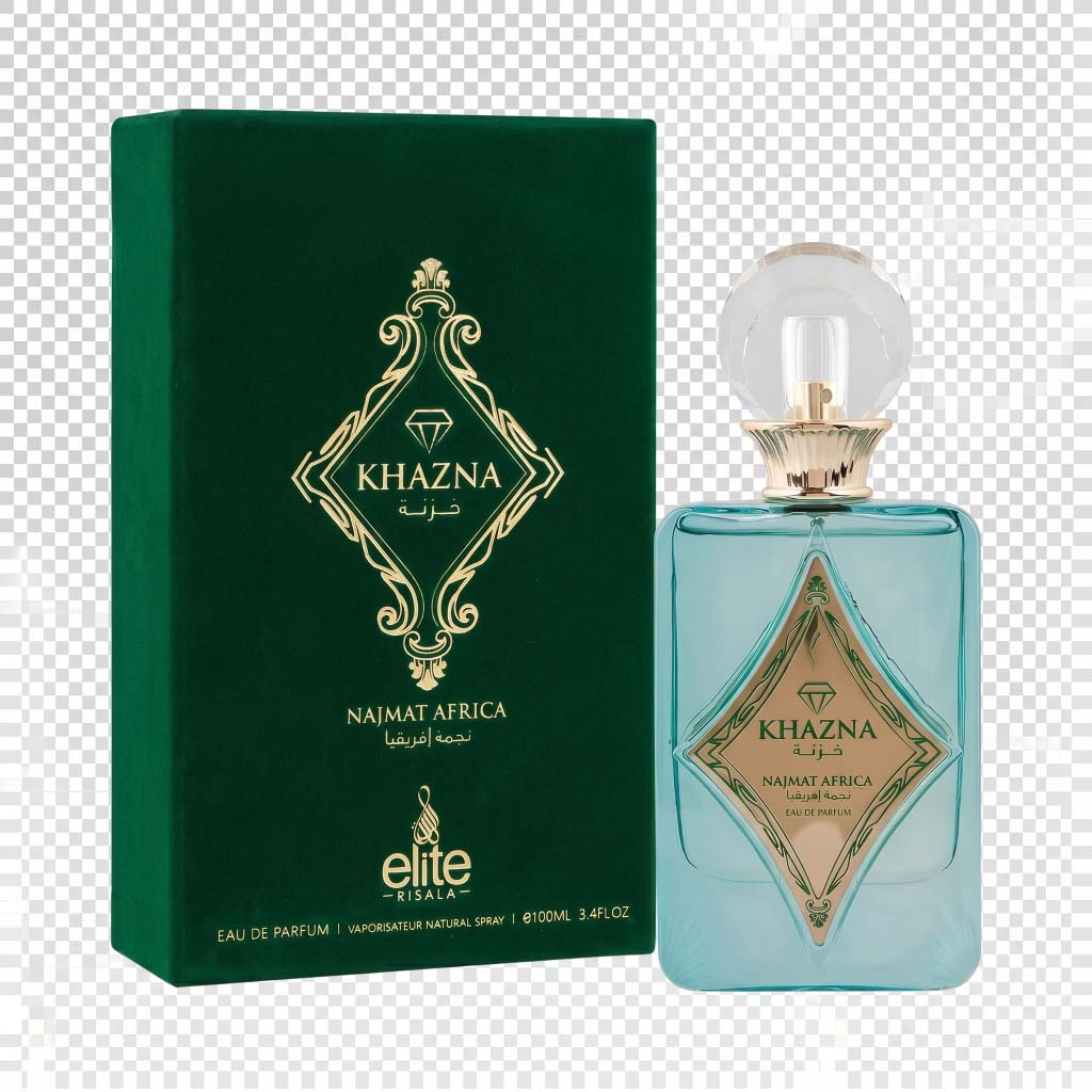 Khazna perfume bottle and packaging on a transparent background