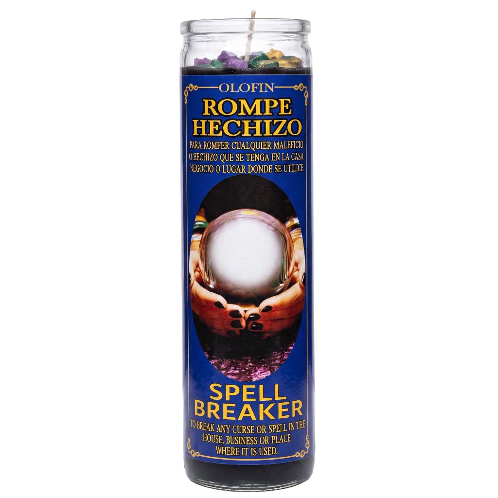A tall glass jar candle with a dark blue label reading 'Olofin Rompe Hechizo Spell Breaker' and showing a crystal ball held by hands, on a plain white background.