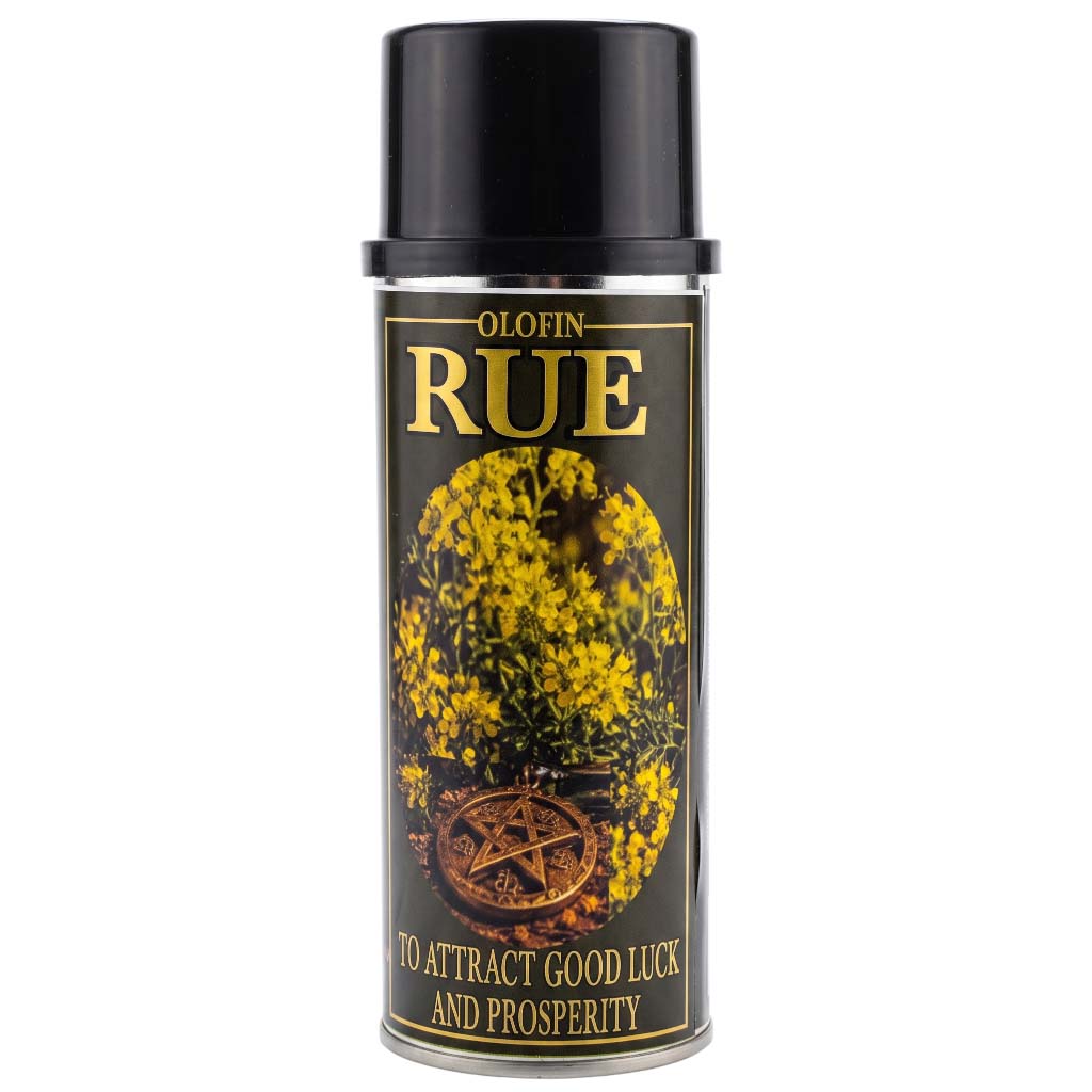 A black cylindrical spray bottle labeled 'Olofin RUE' with gold lettering and an illustration of yellow flowers and a pentagram on a black background. The bottle is centered on a plain white background.