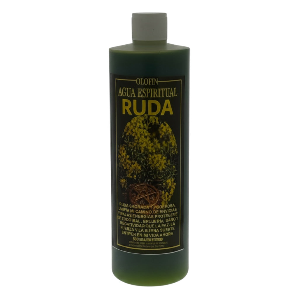 A dark green bottle of Olofin Agua Espiritual Ruda, featuring a black label with gold lettering and a yellow flower illustration, set against a plain white background.