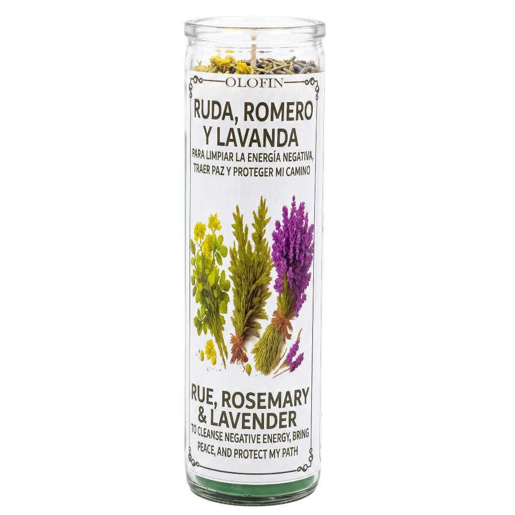 A tall glass jar candle with a white label reading 'OLOFIN Ruda, Romero y Lavanda Rue Rosemary & Lavender,' featuring botanical illustrations of green and purple herbs, on a plain white background.