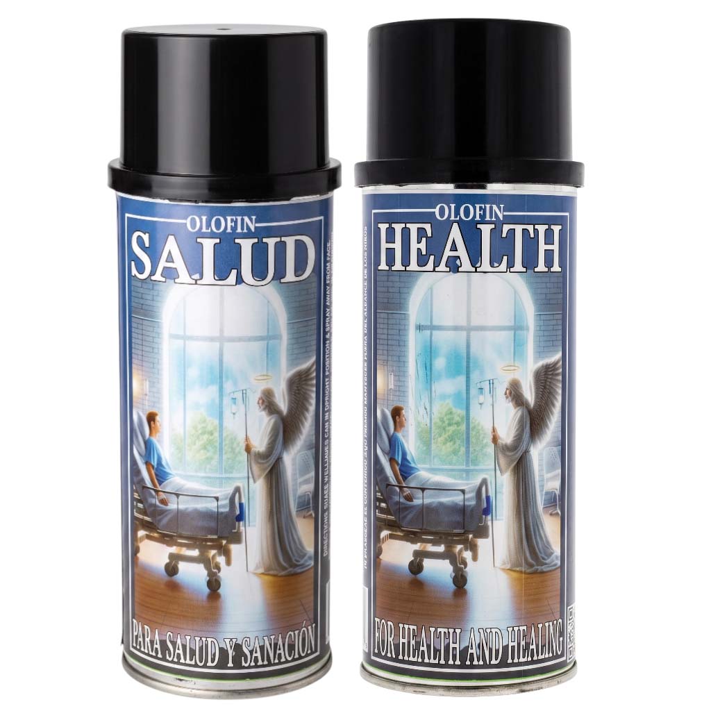 Two Olofin Salud / Olofin Health spray cans with black caps and blue labels featuring an illustration of a patient, angel, and window.