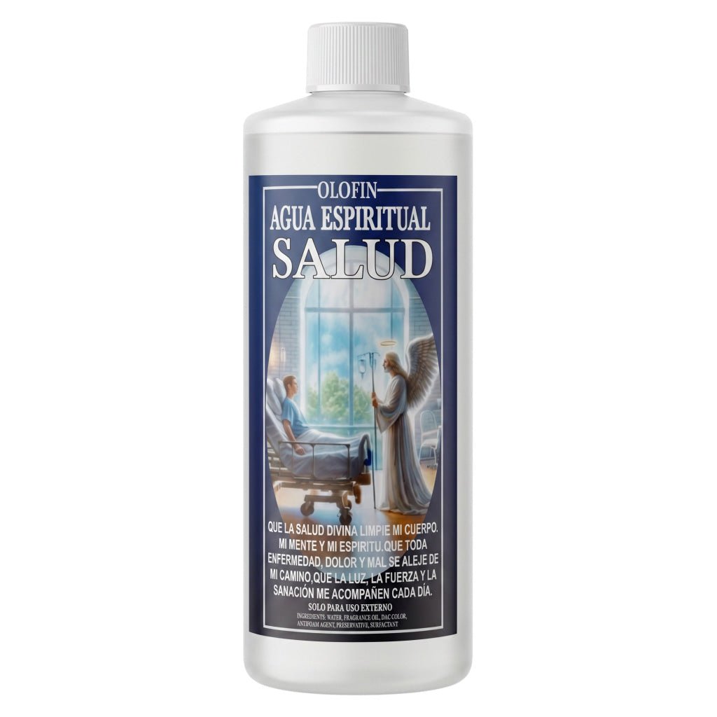 A white plastic bottle of Olofin Agua Espiritual Salud spiritual water with a white cap and a dark blue label featuring an illustration of an angel and a person in a hospital bed.