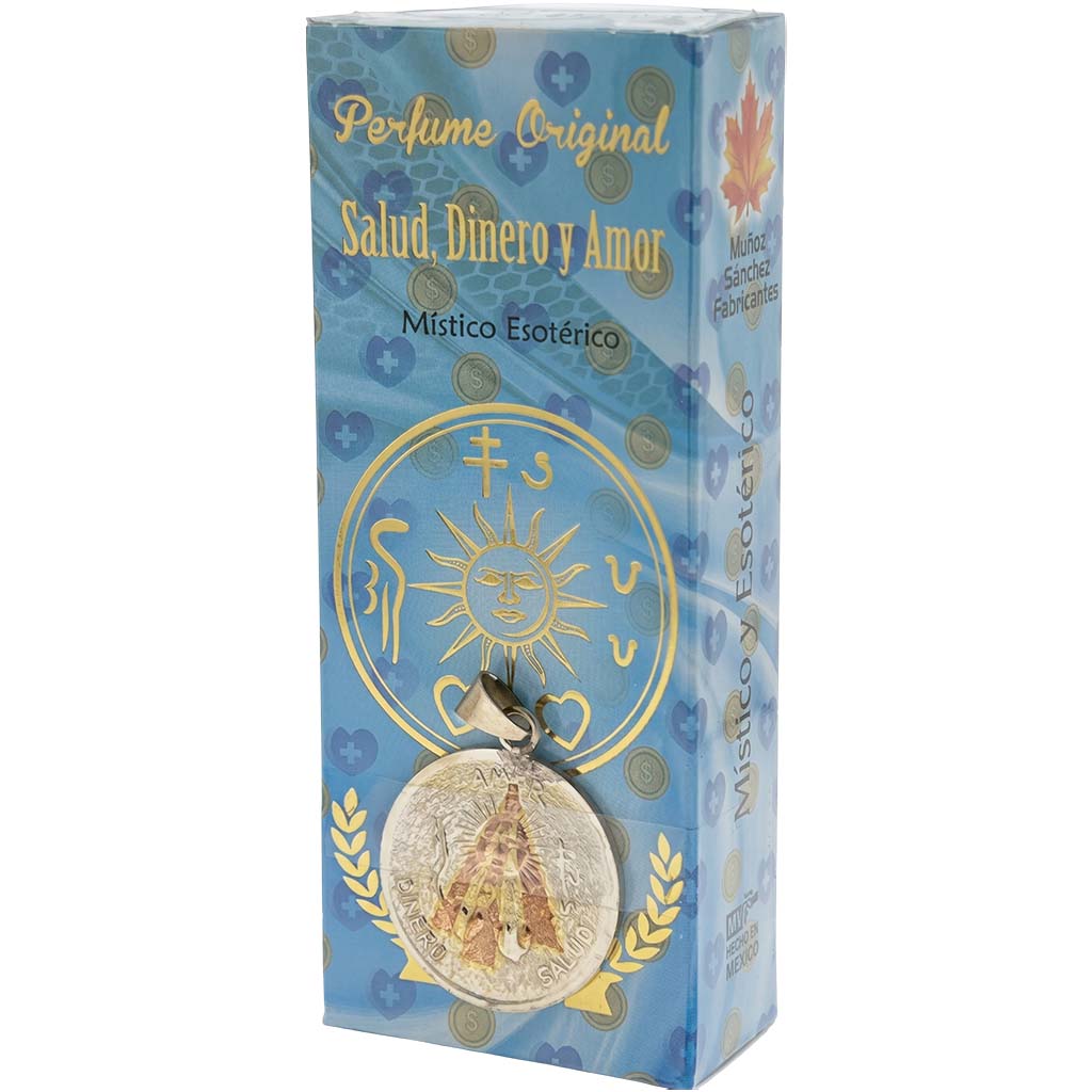 Salud Dinero y Amor Esoteric Perfume with Collectible  Protective Amulet Medallion