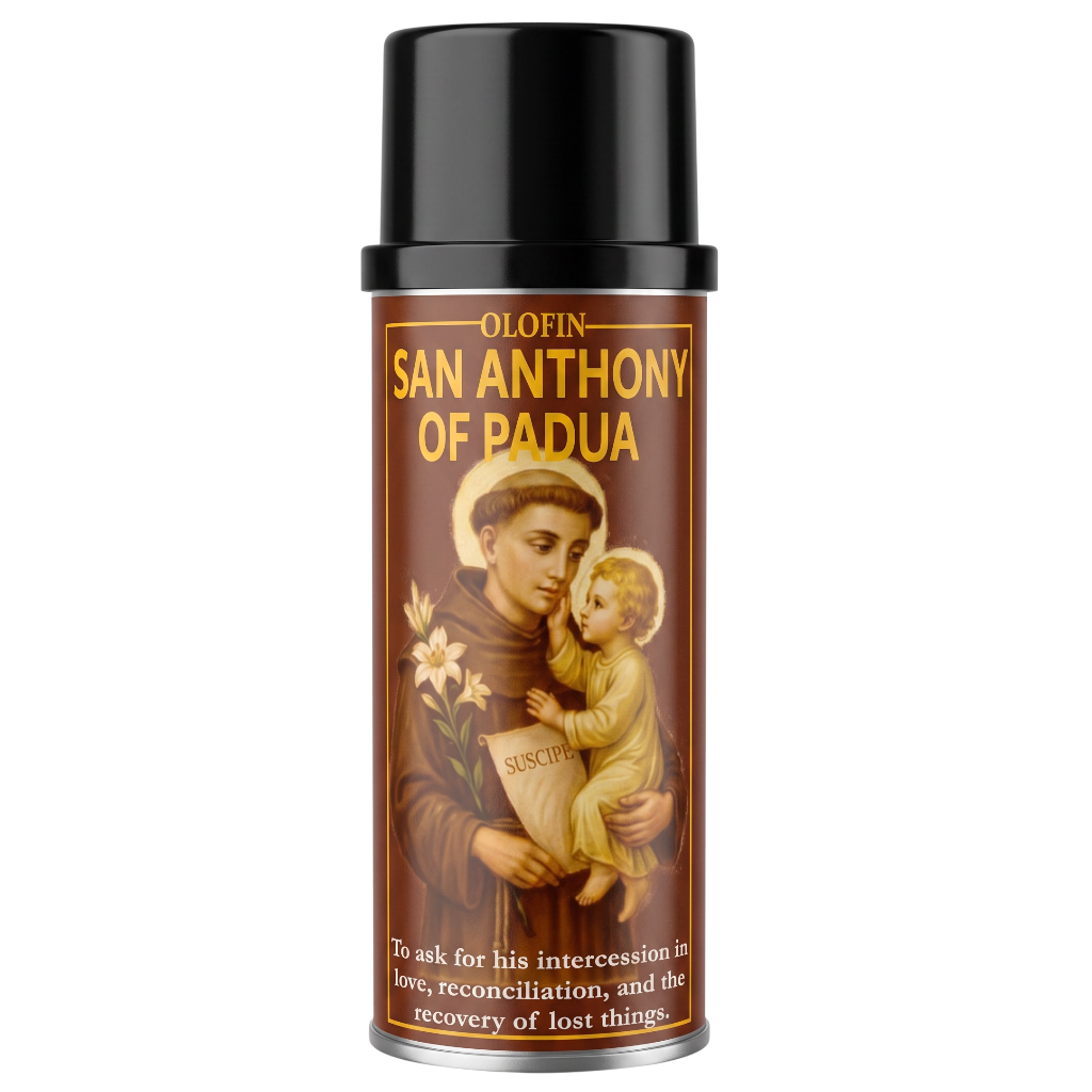 A religious spray can of Olofin San Anthony of Padua, featuring a brown label with a gold-bordered border and an illustration of Saint Anthony holding a lily and a book, set against a plain white background.