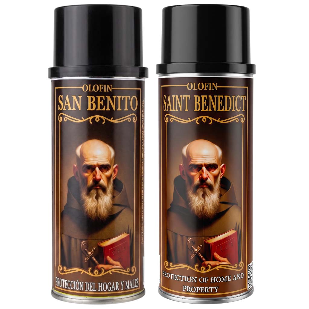Two black spray cans of Olofin San Benito / Saint Benedict home protection spray, featuring a label with an illustration of Saint Benedict holding a book.