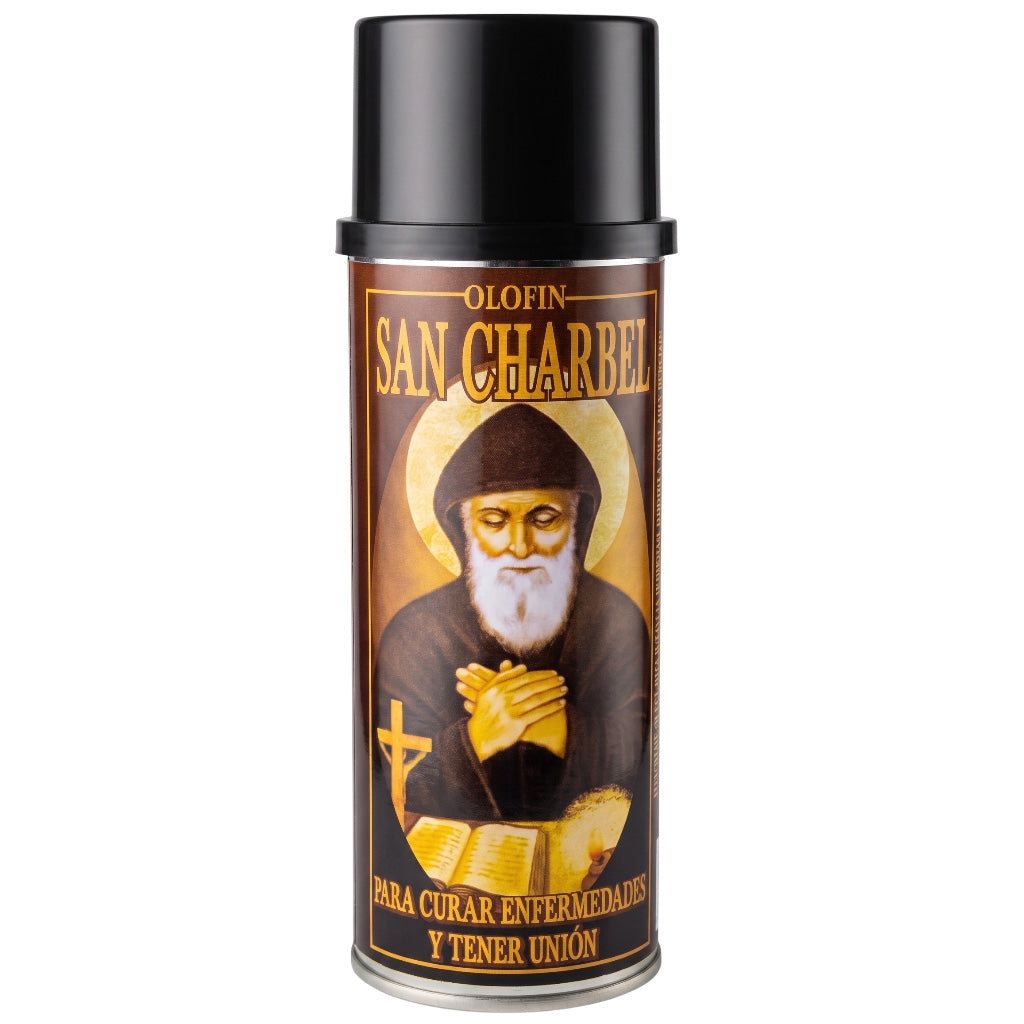 A black spray can of Olofin San Ciarbel, featuring a brown and gold label with an illustration of Saint Ciarbel and Spanish text.