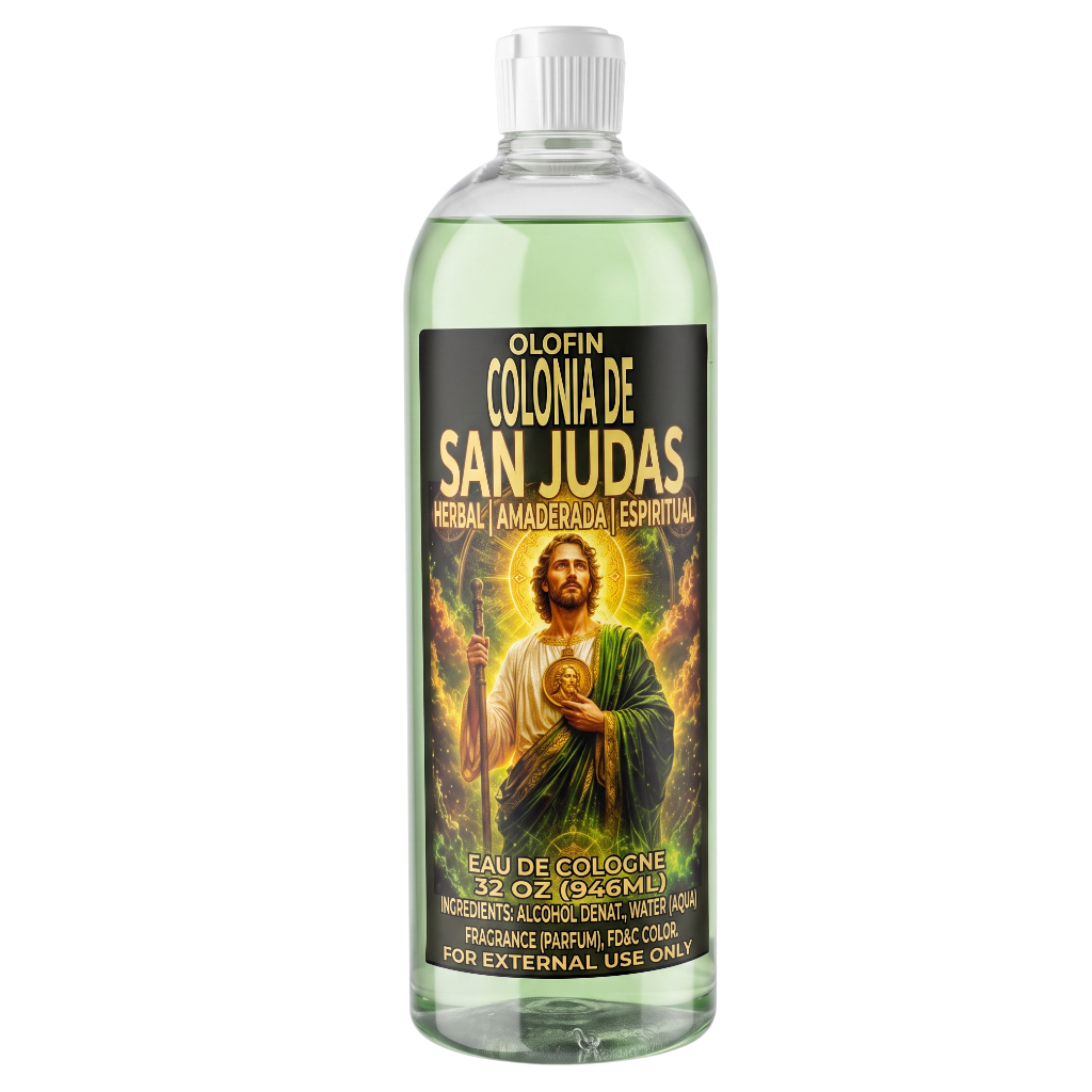 A 32 oz clear plastic bottle of Olofin Colonia de San Judas Eau de Cologne with a white ribbed cap, containing a light green liquid. The label features a black background with a colorful illustration of a religious figure and gold lettering.