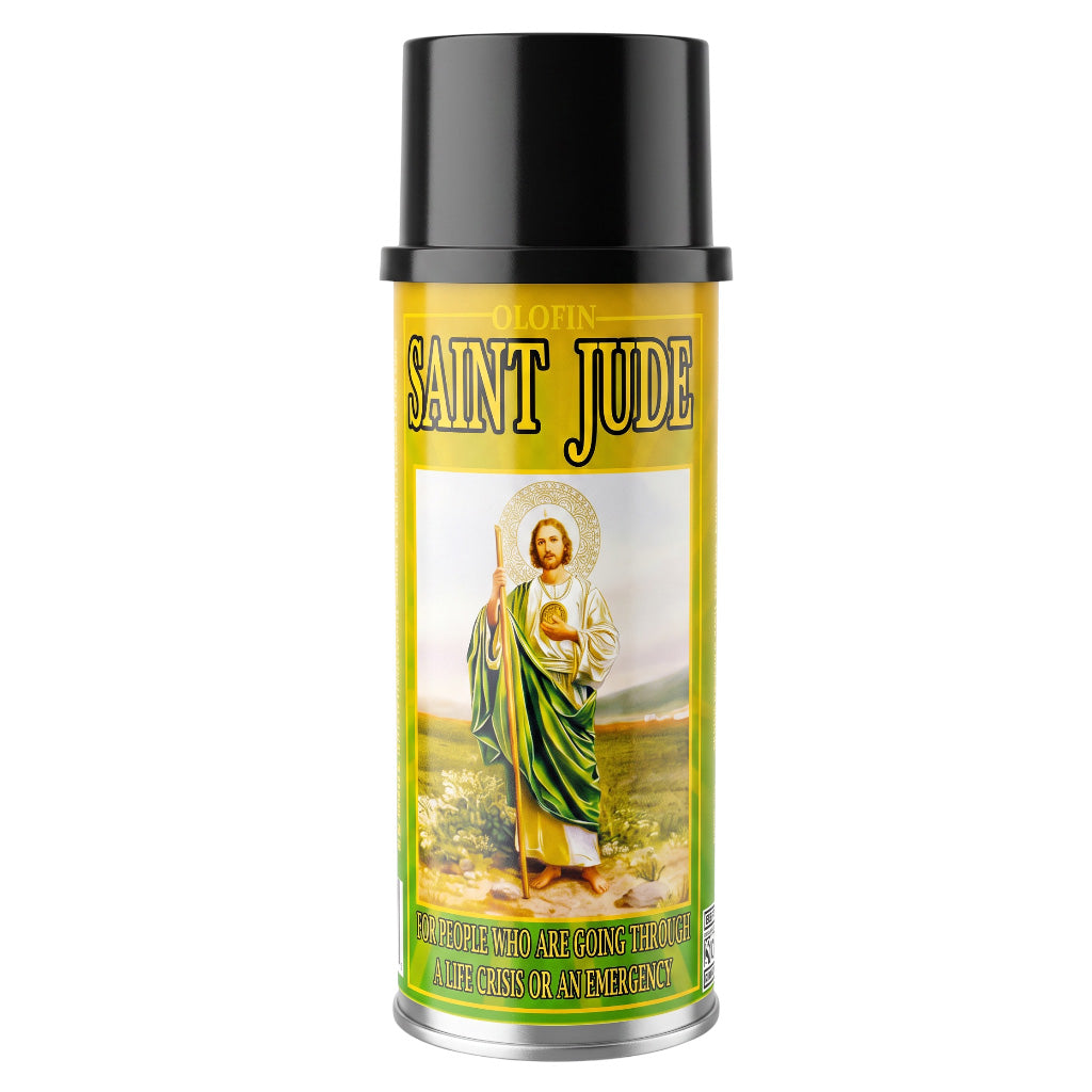 A can of Colofin Saint Jude Holy Water spray with a black cap and a yellow label featuring an illustration of Saint Jude in green robes.