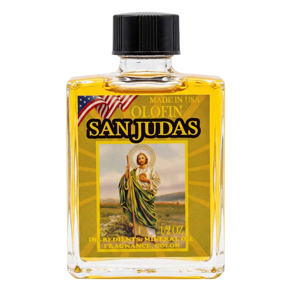 A 12 oz glass bottle of San Judas Olofin fragrance oil with a black cap, featuring a yellow label with an illustration of Saint Judas and the text 'SAN JUDAS OLOFIN'.