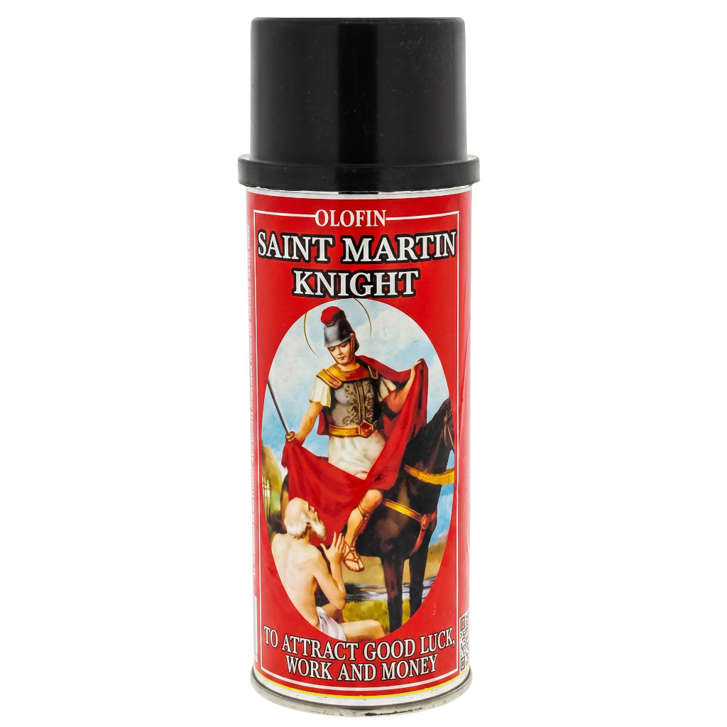 A can of Olofin Saint Martin Knight spray, featuring a red label with an illustration of a knight on a horse and a black cap, on a white background.