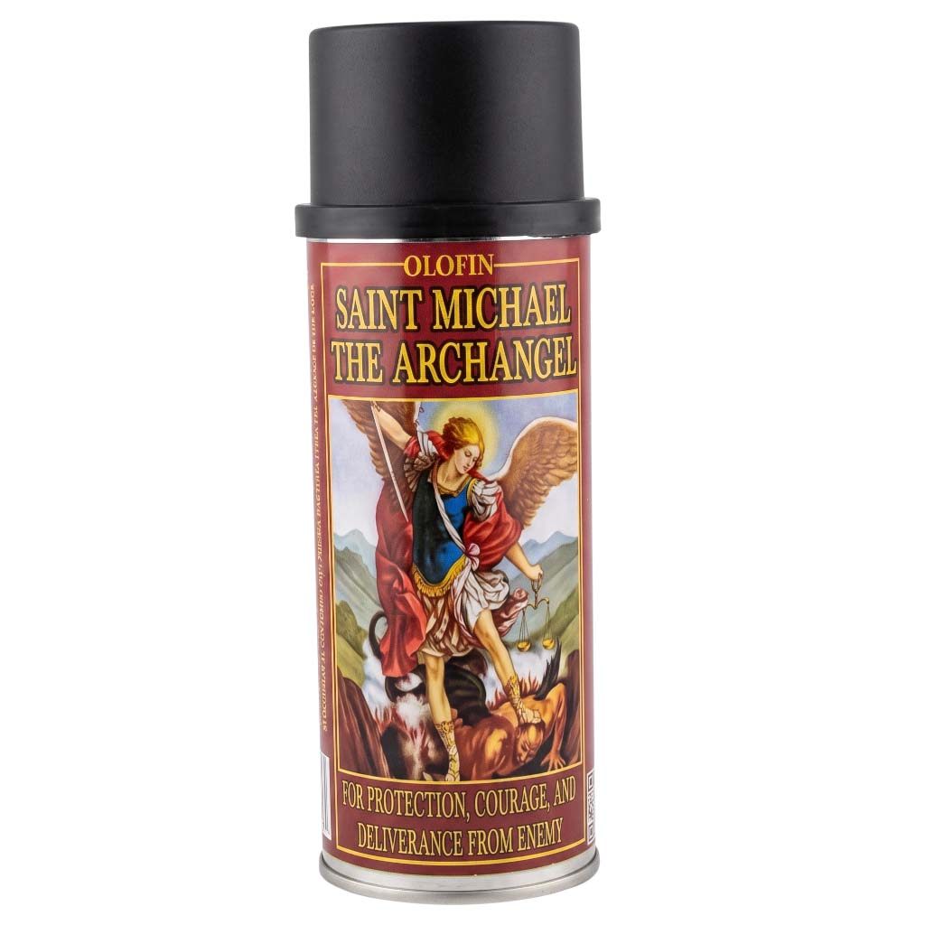 A can of Olofin Saint Michael the Archangel spray paint with a black cap and a label featuring a colorful illustration of the saint and devil.