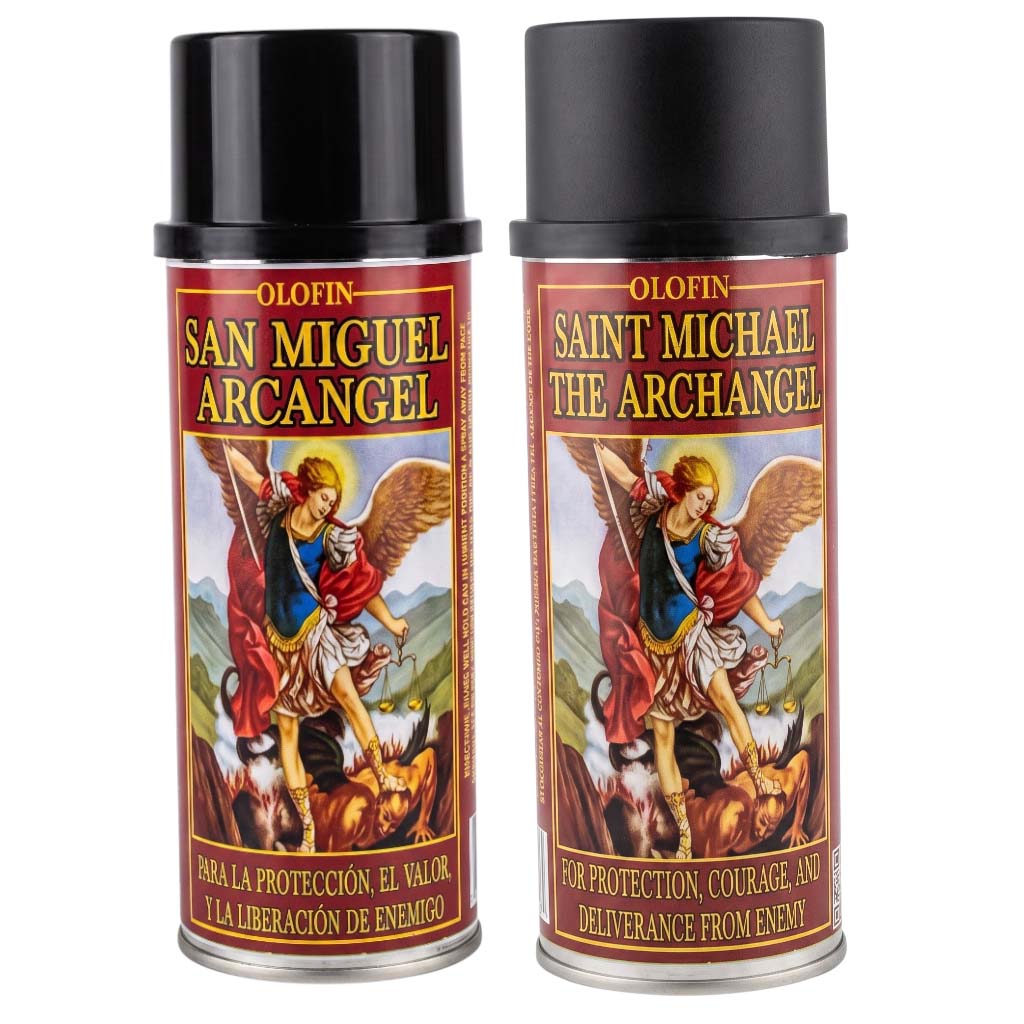 Two Olofin San Miguel Arcangel spray cans with black caps, featuring a detailed religious label of the archangel with a sword and shield.
