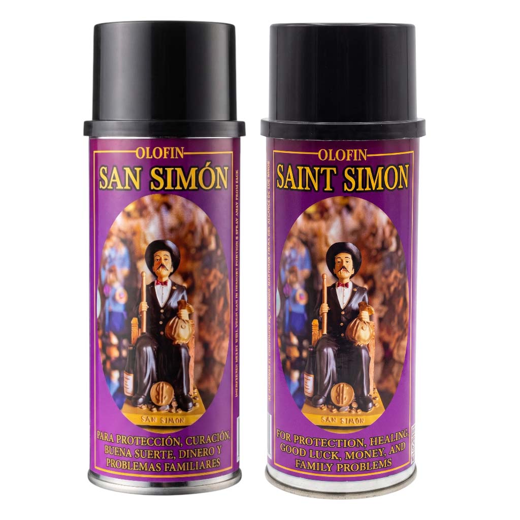 Two silver spray cans of Olofin San Simón / Saint Simon protection spray with black caps, set against a plain white background.