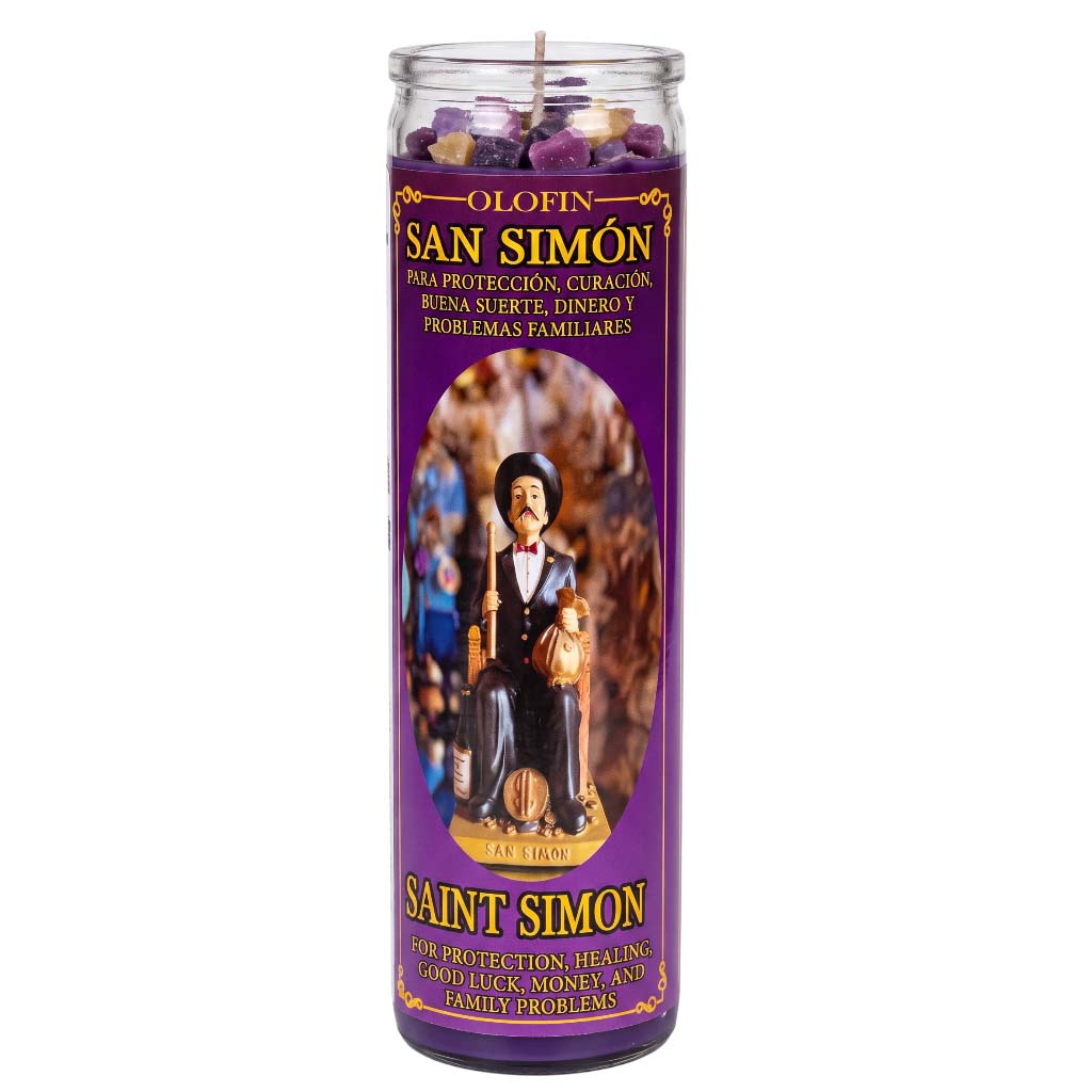 A tall glass jar candle labeled 'Olofin San Simón' with a purple label and a printed image of Saint Simon, shown on a plain white background.