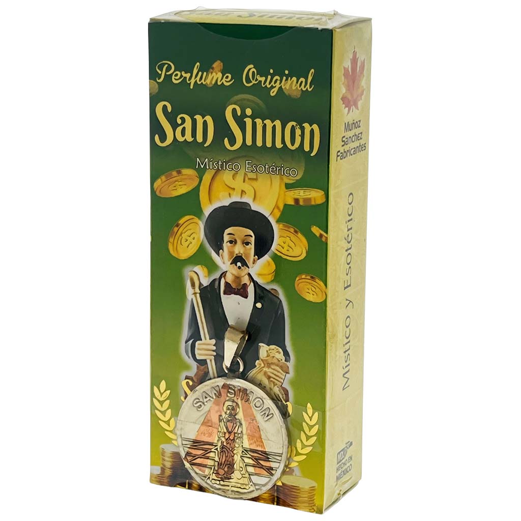 Box of San Simon perfume with a green and yellow design featuring a man and coins.