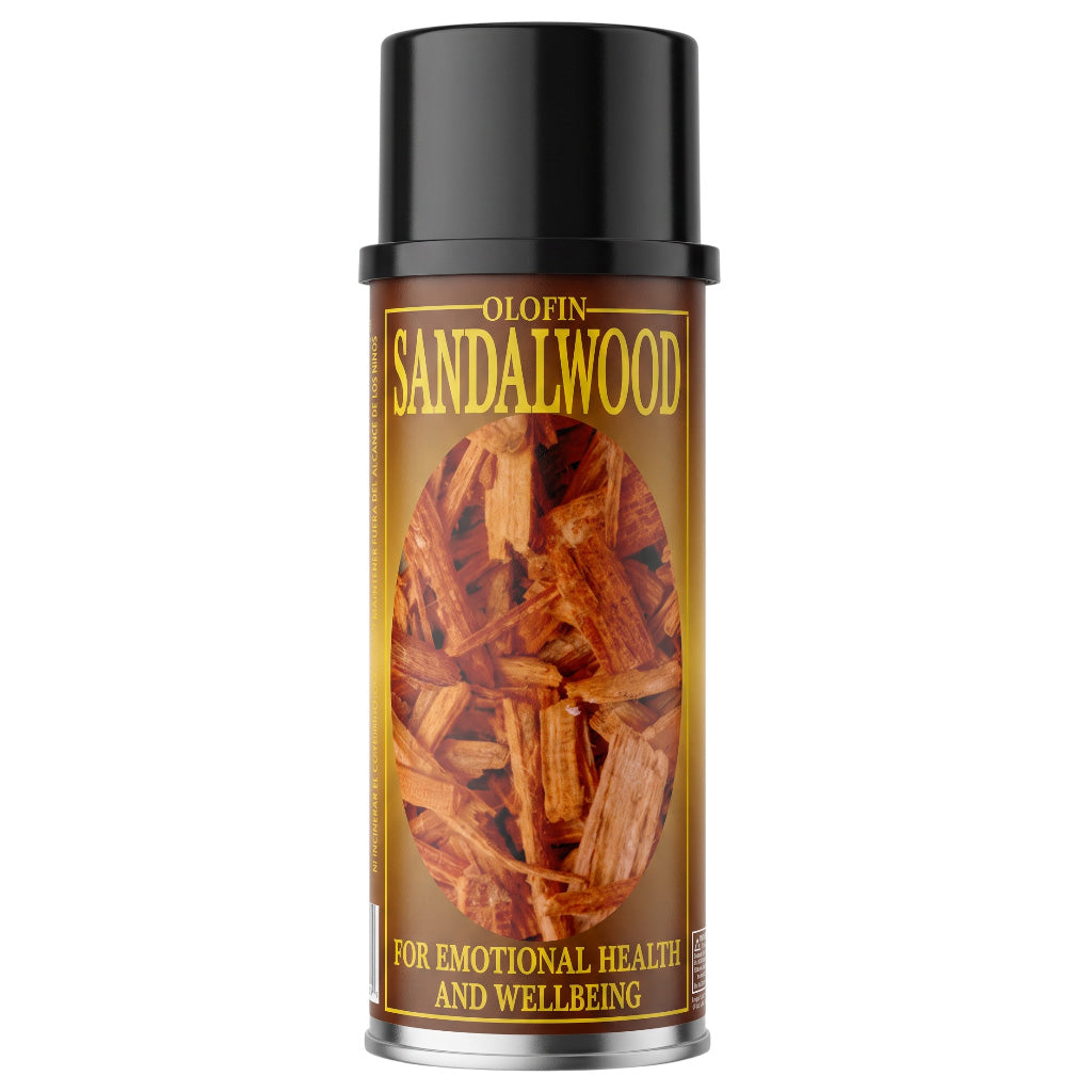 A can of Olofin Sandalwood essential oil spray with a black cap and a brown label showing wood shavings, on a white background.
