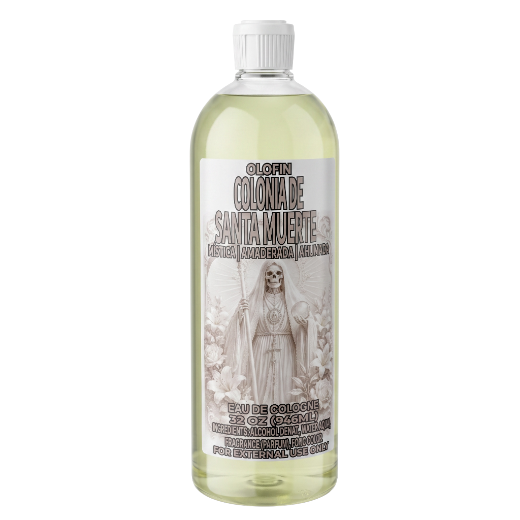 A 70 oz plastic bottle of Olofin Colonia de Santa Muerte cologne with a white cap and a white label featuring a skeleton Santa Muerte illustration, shown against a plain white background.