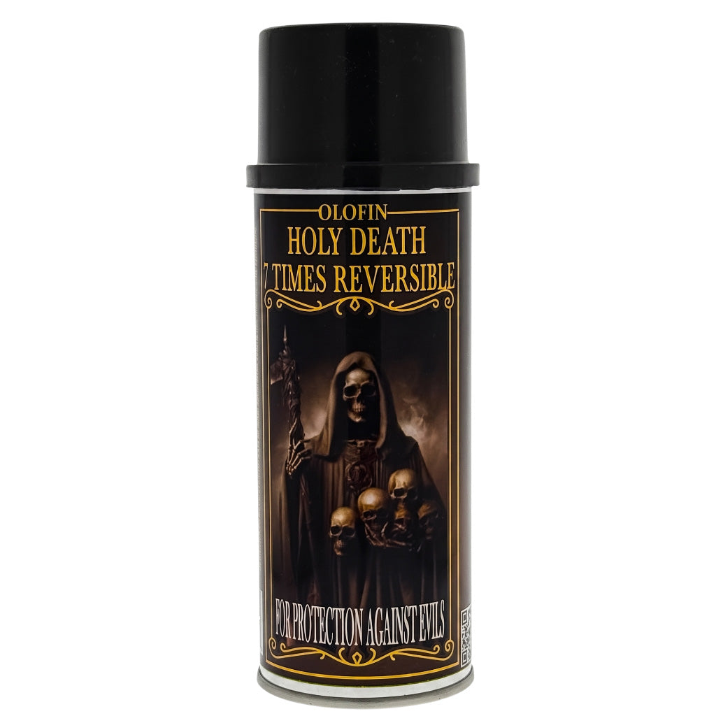 A black spray can of Olofin Holy Death Times Reversible protection against evil, featuring a dark label with a grim reaper holding skulls and gold lettering, on a white background.