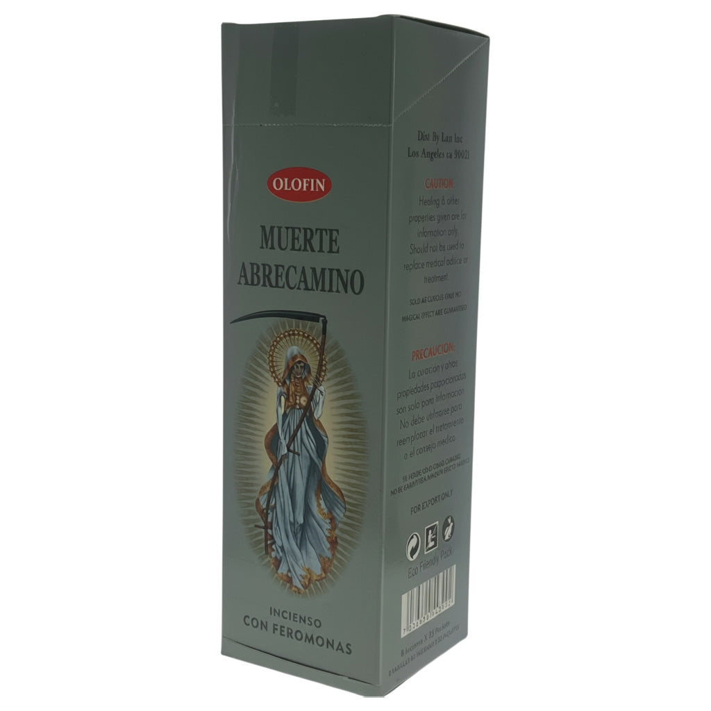 A tall rectangular box of Olofin Muerte Abre Camino incense with a dark gray-green background, featuring a religious illustration of the Virgin Mary holding a scythe, on a plain white background.