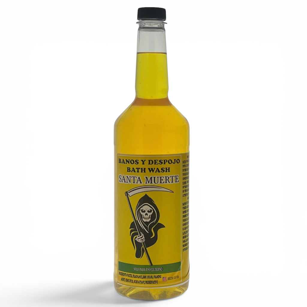 A bottle of Santa Muerte Bath Wash with a black cap, filled with yellow liquid, featuring a label with a grim reaper illustration on a white background.