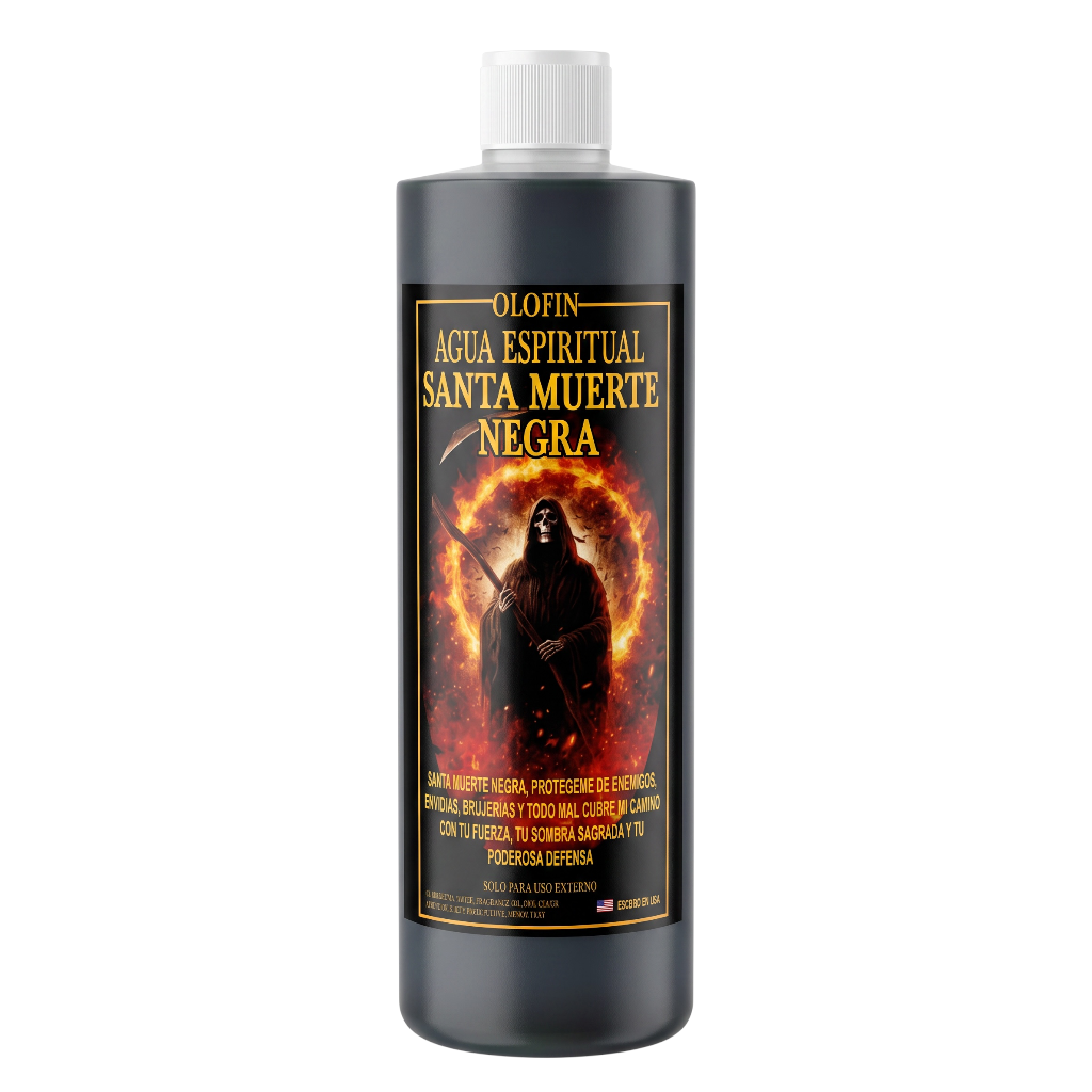 A bottle of Olofin Agua Espiritual Santa Muerte Negra spiritual cleansing water, featuring a dark gray bottle with a white cap and a label depicting a grim reaper surrounded by flames.