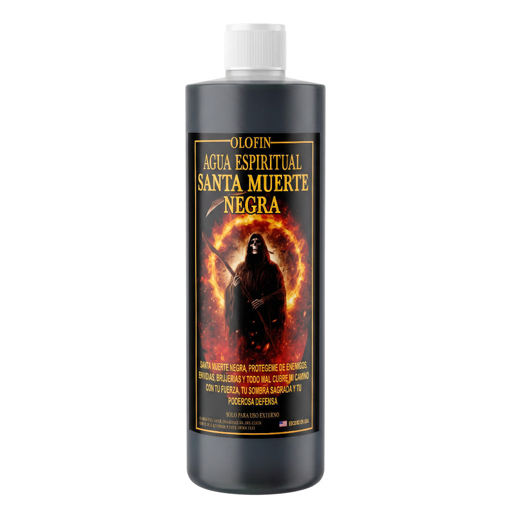 A bottle of Olofin Agua Espiritual Santa Muerte Negra spiritual cleansing water, featuring a dark gray bottle with a white cap and a label depicting a grim reaper surrounded by flames.
